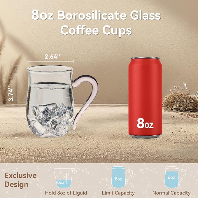 COMI Glass Coffee Cups,8oz Clear Coffee Cups Set of 6,Lightweight Glass Mugs with Colorful Handles,Heat Resistant & Explosion-Proof, Perfect for Home, Cafe, Office