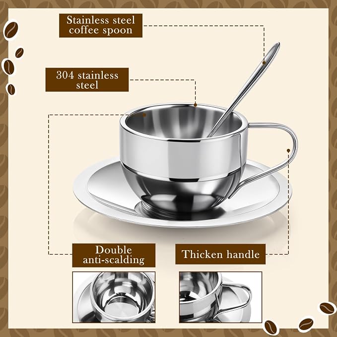 6 Pack Stainless Steel Coffee Cups Set, 6oz Insulated Espresso Cups with Spoon and Saucer, Double Walled Coffee Mugs for Latte, Tea, Milk, Cappuccino