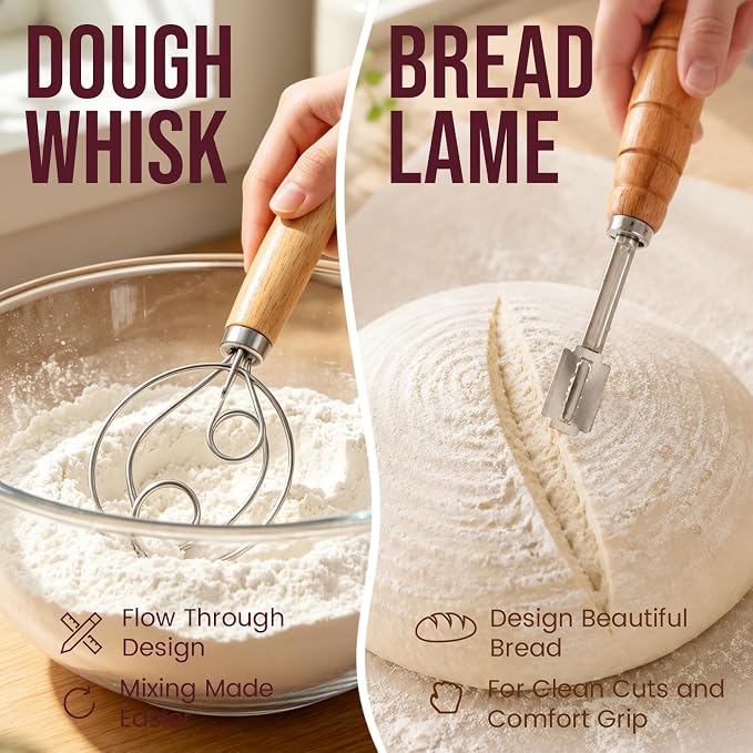 DOYOLLA Bread Proofing Basket Set, Sour Dough Tools with Silicone Bread Sling, Sourdough Starter Kit, Baking Gifts, Bread Making Kit (Round,8.5 inch) | Handmade Rattan