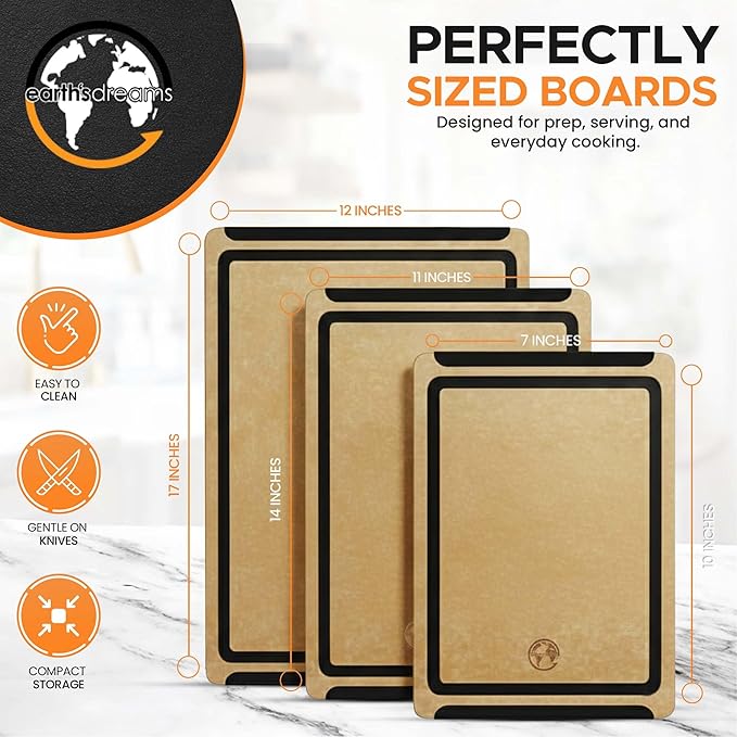 Composite Wood Cutting Board Set of 3 – Built In Juice Groove, Dishwasher Safe, Non-Toxic & Cutting Boards for Kitchen – Large, Medium & Small Non-Slip Wood Charcuterie & Chopping Boards (Tan/Black)