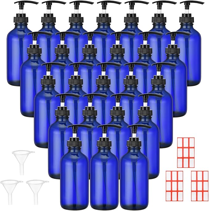 Tanlade 24 Pcs 8 oz Glass Pump Bottle Empty Bottle Glass Soap Dispenser with Pump Refillable Containers and Labels Funnels for Essential Oils Cleaning Products Lotions Conditioner(Blue)