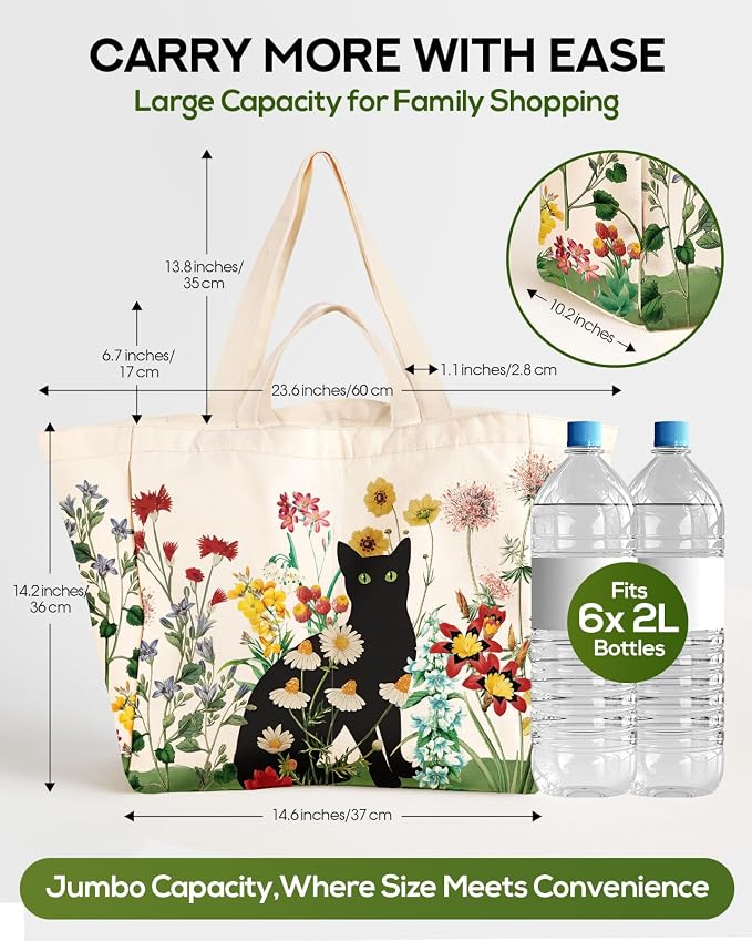 Miss Adola Large Canvas Grocery Tote Bag - Reusable Extra Large Shopping Shoulder Bags with 6 Inner Pockets & 2 Handle Strap