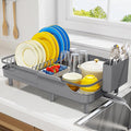 Urackify Expandable Dish Rack for Kitchen Counter,16.14"-23.62" Large Dish Drying Rack with Adjustable Water Spout, Space Saving Dish Drainer with Auto Draining Cutlery Holder, Matte Grey