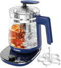 Hot Glass Electric Kettle with Tea Infuser and Temp Control, 1.5L Stainless Steel Maker & 1200W Rapid Boiling, Programmable for Teas & Coffee, Blue