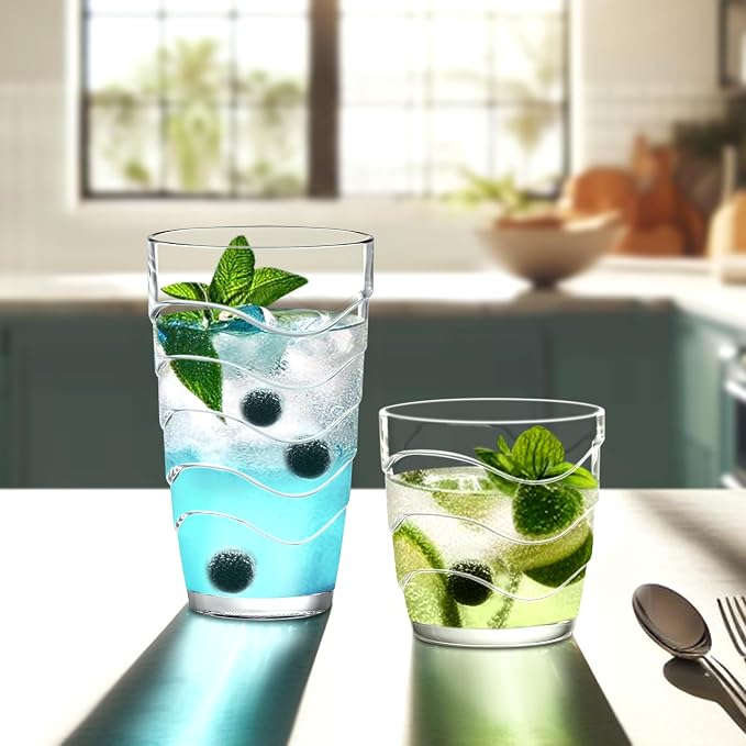 Amazing Abby - Wavely - 14-Ounce and 20-Ounce Plastic Tumblers (Set of 12), All-Clear Reusable Plastic Cups, Stackable, BPA-Free, Shatter-Proof, Dishwasher-Safe