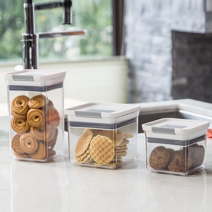 Felli Premium Tite Airtight Storage Container Set, 3 Pack - Clear Plastic Canisters with Easy Flip Lock Lids, Stackable Kitchen Pantry & Bathroom Organizer for Snacks, Dry Goods, Makeup, BPA Free