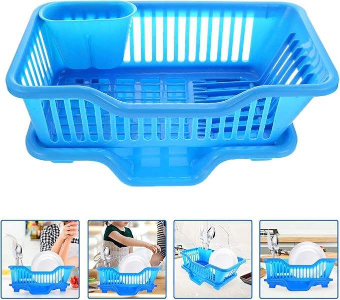 IMIKEYA Sink Dish Rack Drainer Plastic Dish Drying Draining Rack Over The Sink Kitchen Tableware Drying Basket with Cutlery Holder for Kitchen Counter Blue