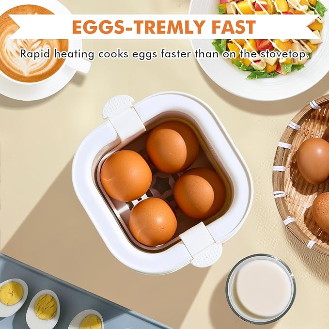 Kawu Egg Cooker, 6-in-1 Electric Rapid Egg Poacher for Hard Boiled Eggs, Yogurt, Custard, 12H Delay Start & Auto Off, Portable Breakfast Maker with Stainless Steel Bowl, 4 Eggs