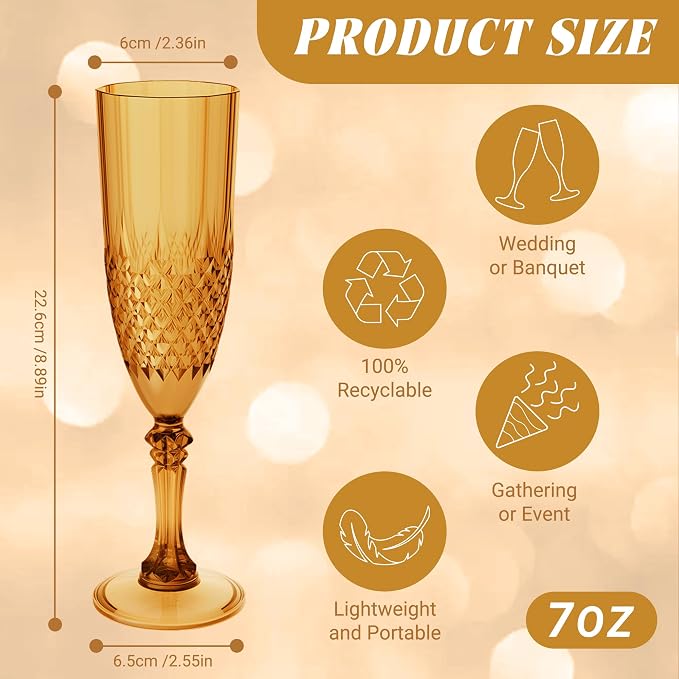 Plastic Champagne Flutes, Champagne Glasses Bulk, Reusable Unbreakable Acrylic Wine Glasses Goblets for Weddings Bachelor Parties Toasting Bridal Shower (12,Amber)