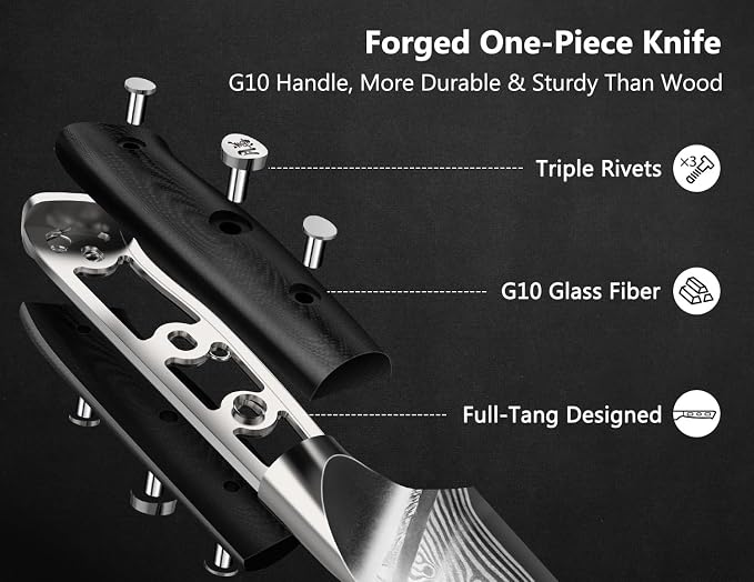 SHAN ZU Steak Knife of 7, 4.5 Inch Damascus Steak Knife Set with Block, Japanese High Carbon Steel Kitchen Serrated Knives Set with Ergonomic G10 Handle and Gift Box