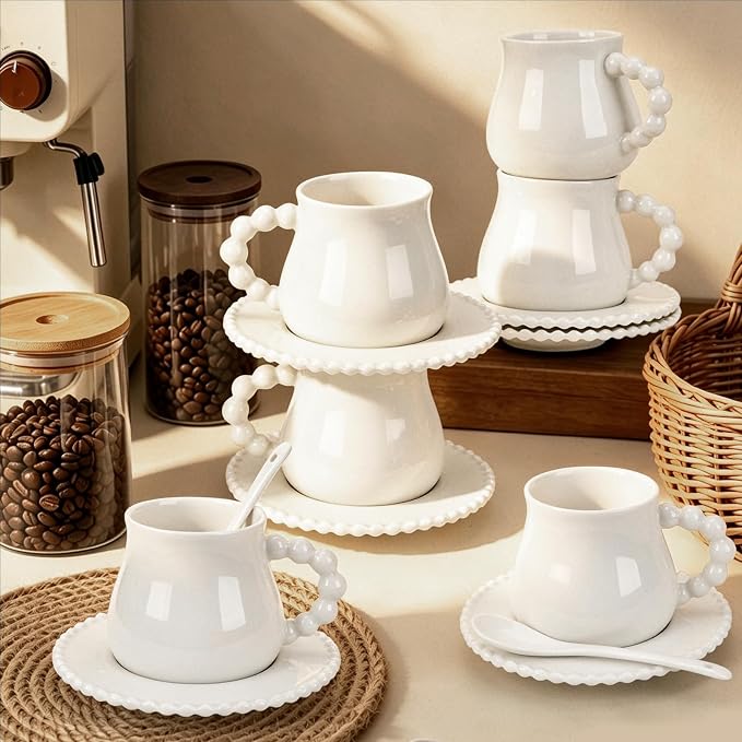 Espresso Cups with Set of 6 Saucers and Spoons, 8 oz Porcelain Coffee Cup Mugs for Latte, Au Lait, Flat White, Mocha, Tea, Elegant Tea Mugs Set, Dishwasher & Microwave Safe