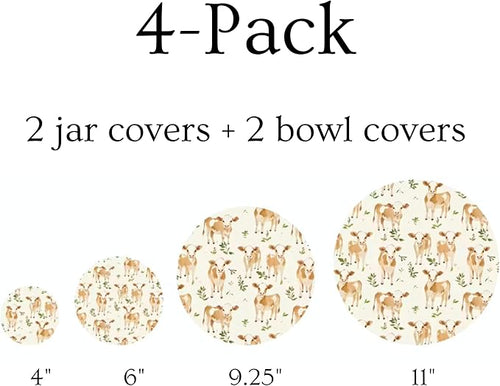 (4-Pack) Sourdough Reuseable Jar & Bowl Covers | Cute Baking Gift | 100% Cotton | Washable | Bread Proofing | Kitchen Food Storage Gifting | Starter Cover Lid Kit (Jersey Cow)