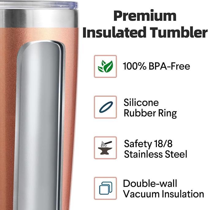 Volhoply 20oz Stainless Steel Tumbler with Lid and Straw Bulk 4 Pack,Double Wall Insulated Travel Ice Coffee Mug Fits Cup holder,Powder Coated Cups for Hot/Cold Drinks,Gifts for Women（Rose Gold,4 Set）