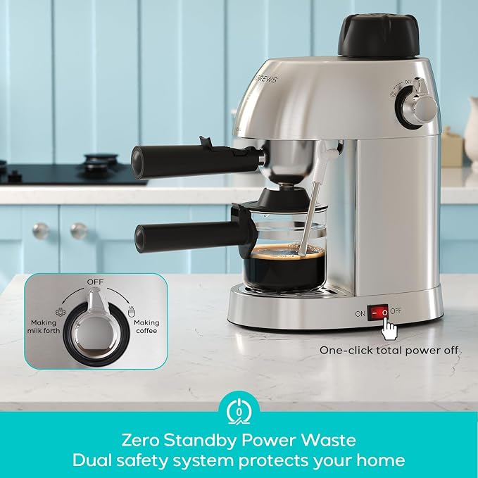 CASABREWS 3.5 Bar 4 Cup Espresso Cappuccino Machine with Milk Frother | Stainless Steel, Milk Frother, Dual Safety Switches, 800W, Compact for Home, Brew Espresso, Latte, Cappuccino, Iced Coffee