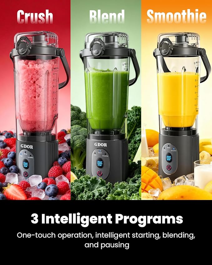 GDOR Portable Blender Cordless, Personal Mini Blender for Shakes and Smoothies, USB-C Rechargeable, with 3 Programs, Ice Crush, Blend and Smoothie, 2x23oz Removable Cups, BPA-Free