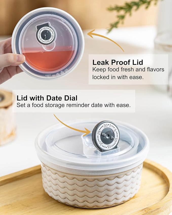 12 oz Ramekins with Lids Airtight Ceramic Storage Containers with Lids for Meal Prep/Moving/Freezer/Oven, Creme Brulee Ramekin Sets with Covers for Leftovers, Baking, Cooking, Beige Ripple