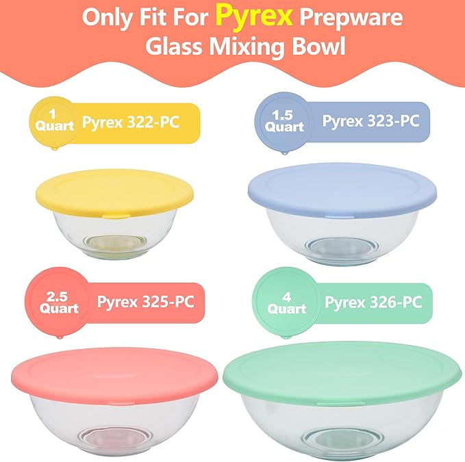 Silicone Replacement Lids Only Fit for Pyrex 322 1 Quart | 323 1.5 Quart | 325 2.5 Quart | 326 4 Quart Prepware Glass Mixing Bowls, Food Grade, Dishwasher & Microwave Safe (Bowl not included)- 4 Pack