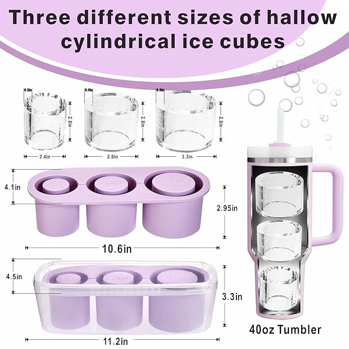 1pc Tumbler Ice Tray for Stanley/Yeti/Simple Modern etc. 40oz Tumblers, Silicone Ice Cube Tray for Tumblers with Bin and Lid, Purple