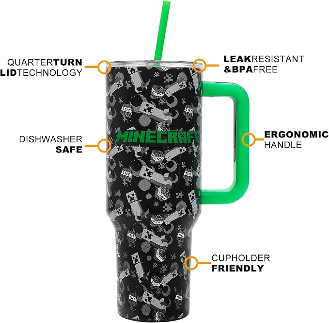 Bioworld Minecraft Creeper & TNT 40 Oz Black Stainless Steel Tumbler With Handle