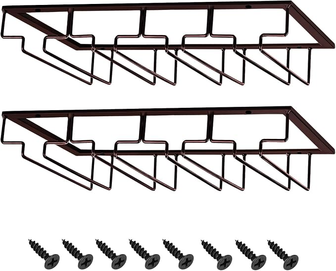 MOCOUM Wine Glasses Rack Under Cabinet Stemware Rack, Wine Glass Hanger Rack Wire Wine Glass Holder Storage Hanger for Cabinet Kitchen Bar (Brown, 4 Rows 2 Pack)