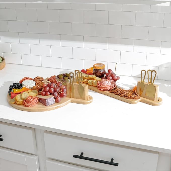 Premium Charcuterie Board Set – Kitchen Edge Round Bamboo Cheese Serving Board with Handle & Magnetic Utensil Block, 18in x 14in, Includes 3 Gold Cheese Utensils, Perfect for Entertaining & Gifting