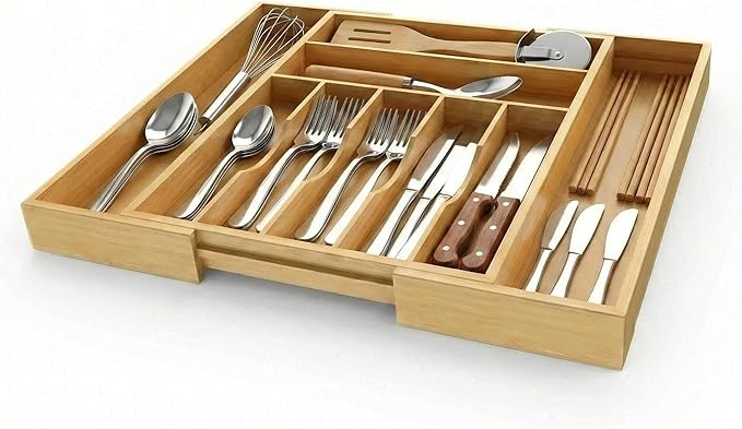 Expandable Bamboo Drawer Organizer Tray for Kitchen Utensils, Adjustable Cutlery Organizer with 7-9 Compartments, 13" to 20" Wide Wood Drawer Divider for Home