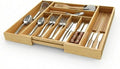 Expandable Bamboo Drawer Organizer Tray for Kitchen Utensils, Adjustable Cutlery Organizer with 7-9 Compartments, 13" to 20" Wide Wood Drawer Divider for Home