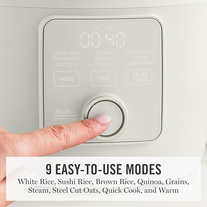Martha Stewart Rice Cooker, 4 Cup (Uncooked) / 8 Cup (Cooked), Ceramic Non-Stick Removable Pot, Keep Warm, Measure Markings, Steam Basket, Brown & Sushi Rice, Quick Cook, Quinoa, Grains, Oats, Linen Cream