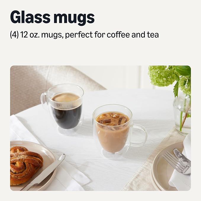 Amazon Basics Double Walled Glass Coffee Mugs, 4-Piece Set, 12 oz., Dishwasher-Safe, Borosilicate Glass