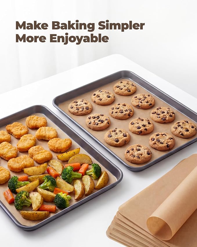 Bake Choice 2 Pack Half Sheet Pans 18x13 In with 100 Pcs Parchment Paper, Heavy Duty Carbon Steel, Warp Resistant Nonstick Baking Sheet, Commercial Grade Cookie Sheets for Oven Baking Roasting