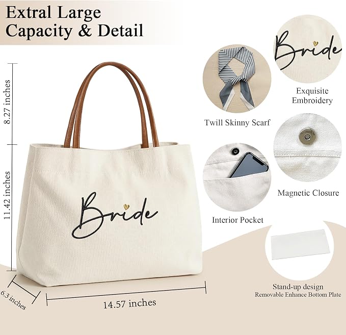 Bride Tote Bag, Embroidered Canvas Wedding Essential Tote, Bridal Shower Engagement Bachelorette Beach Bag