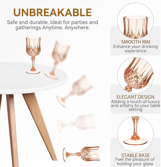Sliner 48 Pcs 7oz Plastic Vintage Wine Glasses Drinking Goblets Unbreakable Crystal Water Glassware Reusable Diamond Champagne Flutes Cups for Wedding Banquet Birthday Party Supplies (Rose Gold)
