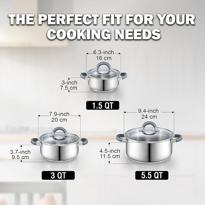 Cook N Home Basics Stainless Steel Cookware Sets, 6-Piece Pots and Pans | Induction Compatible, Dishwasher Oven Safe,Stay-Cool Silicone Handles