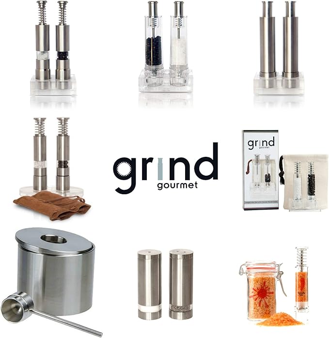Grind Gourmet Salt and Pepper Grinder Set, Refillable, Pump & Grind, Thumb Press (Reflex Black Set)