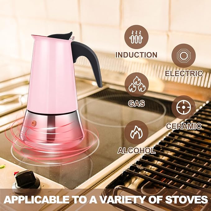 4 Cup Stovetop Espresso Maker Stainless Steel Moka Pot Stove Top Percolator Italian Coffee Makers Capable Mocha Greca Machine Cafe Classic Induction Cookers for Home and Camping 200ml 6.6oz