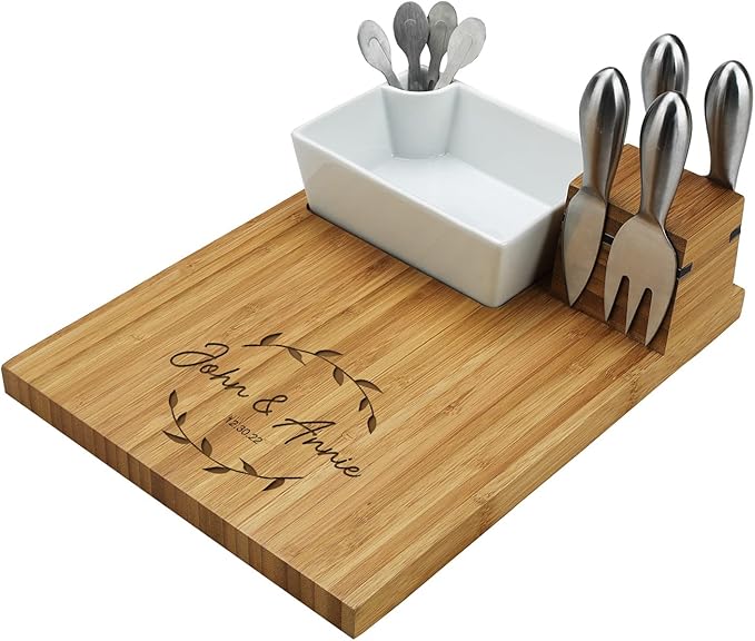 Picnic at Ascot Personalized Engraved Bamboo Cheese Board with Knife Set, Ceramic Bowl, Cocktail Sticks & Cheese Markers- Designed & Quality Checked USA