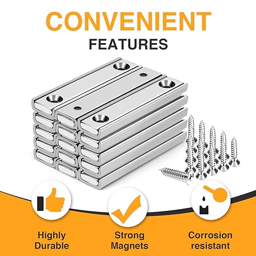 TRYMAG Neodymium Bar Magnets Countersunk, 80 Lbs Rectangle Pull 60x13.5x5mm, 15 Rap Earth Magnet Strip Pack - Wall Mounting, Heavy Duty with Screws