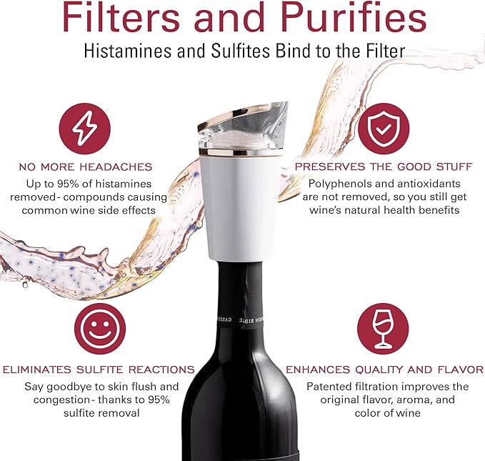 PureWine Phoenix Wine Aerator Pourer Spout - Removes Histamines & Sulfites as You Pour, Red & White Wine Purifier Filter, Helps Allergies & Headaches, Restores Oxidized Bottles- Starter Kit, Noir