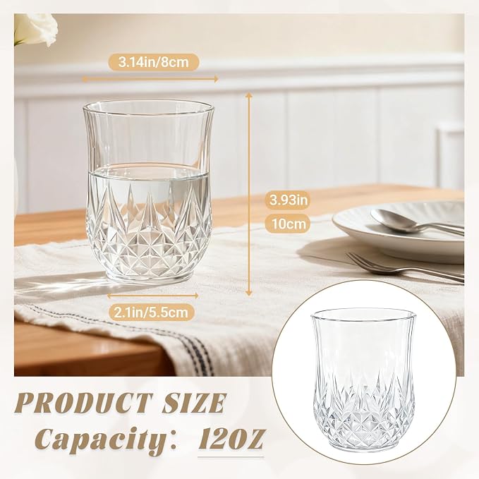 40 Pack Plastic Stemless Wine Glasses,12oz Unbreakable Vintage Elegant Drinking Glass Set,Reusable Fancy Cocktail Cups for Party, Wedding, and Bulk Events (40, 12oz-Transparent)