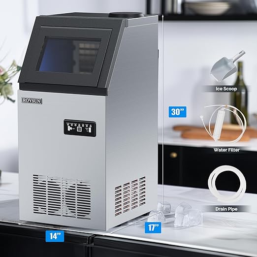 ROVSUN Stainless Steel Commercial Ice Maker Machine, Make 110lbs/24h, 24lbs Storage,Under Counter/Freestanding Automatic Ice Machine for Home Restaurant Bar Cafe