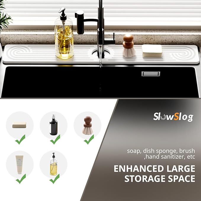 Quick Dry Sink Splash Guard - 23.6" Water Absorbing Stone Drying Tray - Faucet Mat for Kitchen, Bathroom, and Laundry Room - White