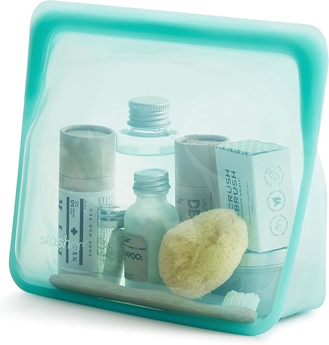 Stasher Reusable Silicone Storage Bags, Food Storage Containers, Microwave and Dishwasher Safe, Leak-free, Stand Up - Mid (Aqua) and Sandwich (Aqua)