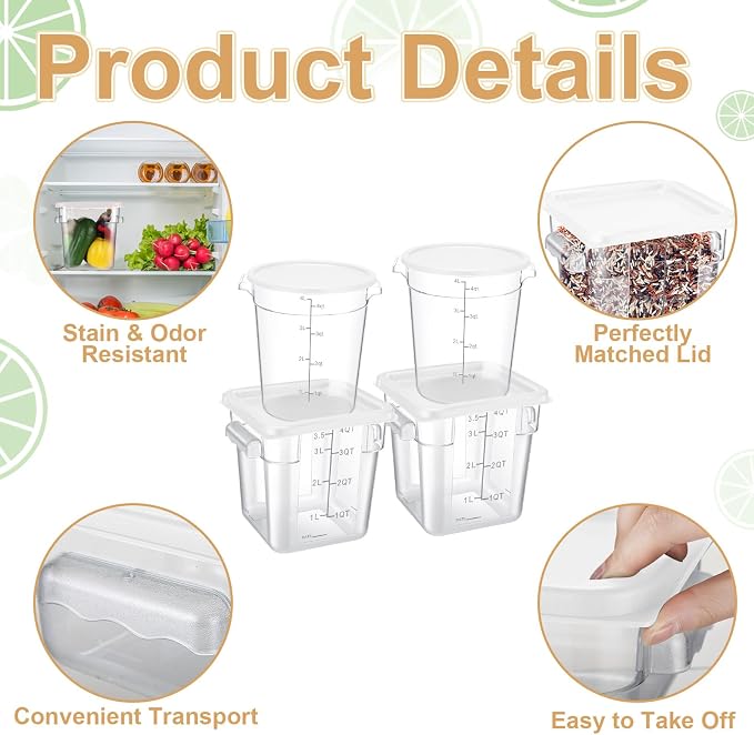 Blushtier 4 Pcs Food Storage Container with Lids Set 4 Qt Square and Round Clear PC Commercial Containers with Scale Handle for Home Restaurant Kitchen Food Storage, Dough Rise, Flour(White)