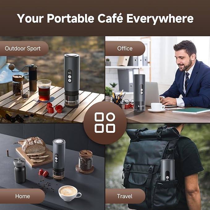 AMZCHEF Portable Coffee Maker Rechargeable w/ 9000mAh Battery, 2-in-1 Travel Espresso Maker for Ground/NS Capsules, Car Espresso Machine Self-Heating for Camping, RV, Hiking, Office, Aluminum