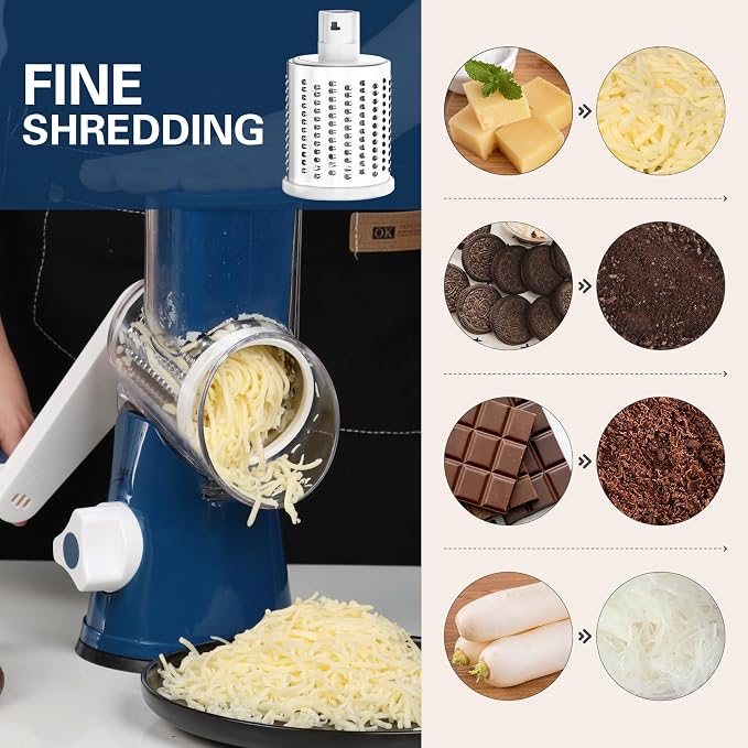 Cambom Rotary Cheese Grater Hand Crank Cheese Shredder for Fresh Cheese, Vegetable, Nuts,Non-slip Suction Base，Three Blades,Dark Blue