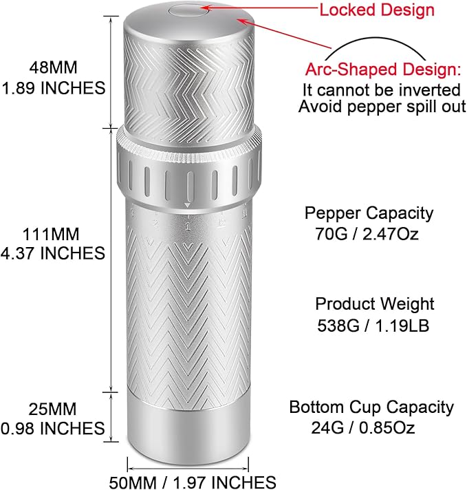 ARKNOAH Manual Pepper Mill Grinder - 12-Level Adjustable Coarseness, High-Output Spice Grinder with Aluminum Body & Stainless Steel Core, 70g Peppercorn Capacity