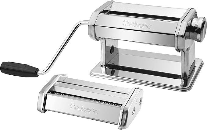 Pasta Maker Machine- Heavy Duty Chrome Coated Steel Construction with Fettucine & Spaghetti Attachments, Rollers w Adjustable Thickness Settings, Manual Hand Crank for Precise Noodles w Recipe Guide