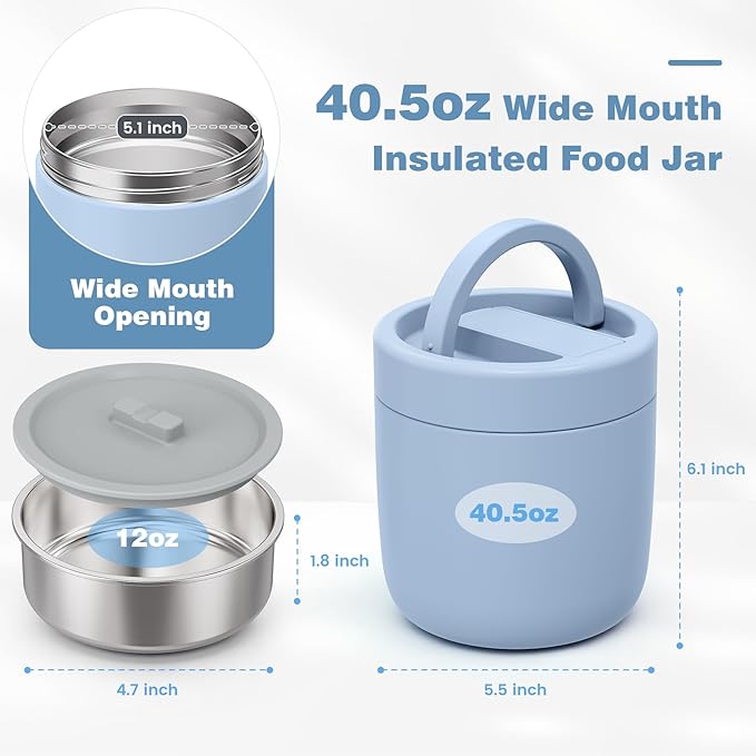 Thermo for Hot Food Adults, 40.5oz Wide Mouth Soup Thermo Lunch Containers with Spoon, Stainless Steel Vacuum Insulated Bento Lunch Box,Lunch Containers with Handle(Blue)