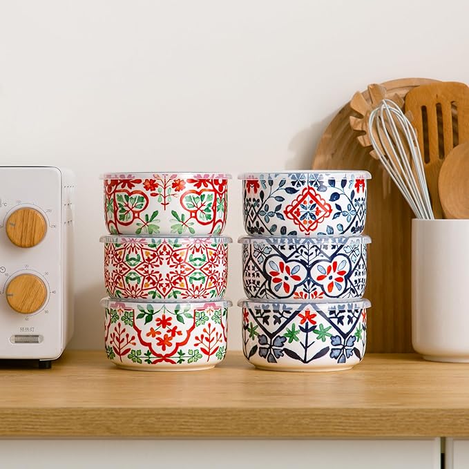 Ceramic Bowls Set with Lids: Set of 4 Microwave Safe Bowls for Soup Meal Prep Cereal Salad Fruit - Food Storage Containers with Lids for Work Lunch Pinic Camping - Pattern A3