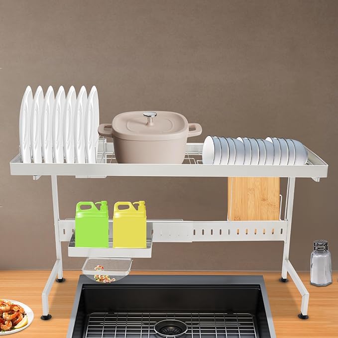 Over The Sink Dish Drainer Drying Rack,88x26x50cm Adjustable Length Over Sink Drying Rack, Large Capacity Dish Rack, for Home, Milk Tea Shop, Bar, Coffee Shop
